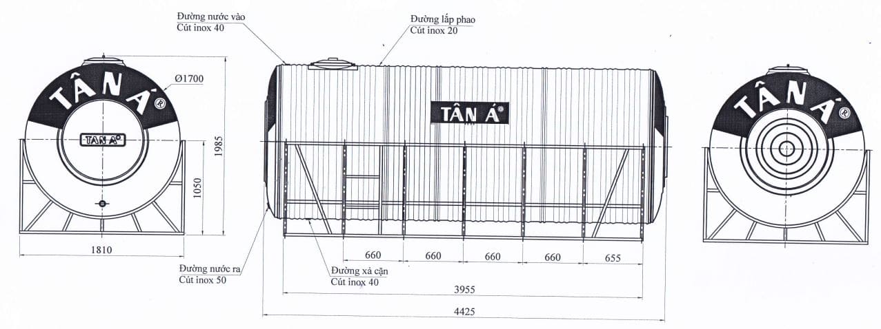 Bản vẽ bồn công nghiệp Tân Á Đại Thành 10000l nằm phi 1700