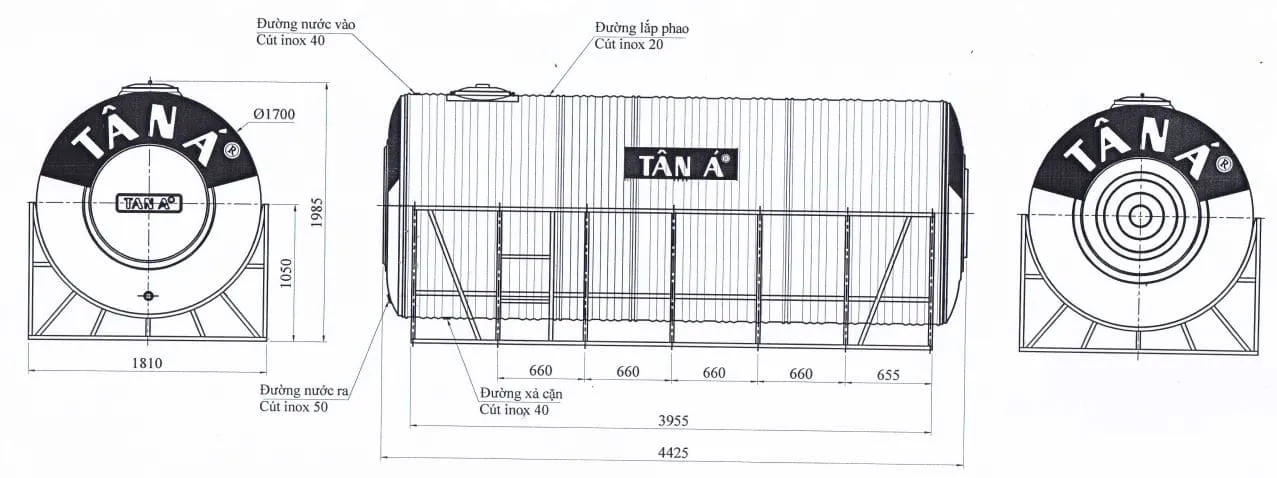 Bản vẽ bồn công nghiệp Tân Á Đại Thành 10000l nằm phi 1700
