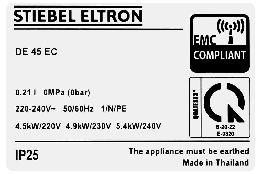 Tem nhãn máy nước nóng Đức Stiebel Eltron DE 45 EC