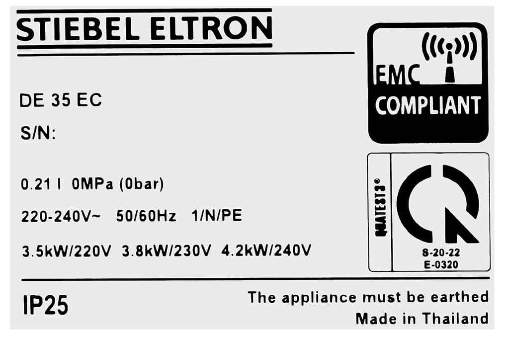 Tem nhãn máy nước nóng Đức Stiebel Eltron DE 35 EC