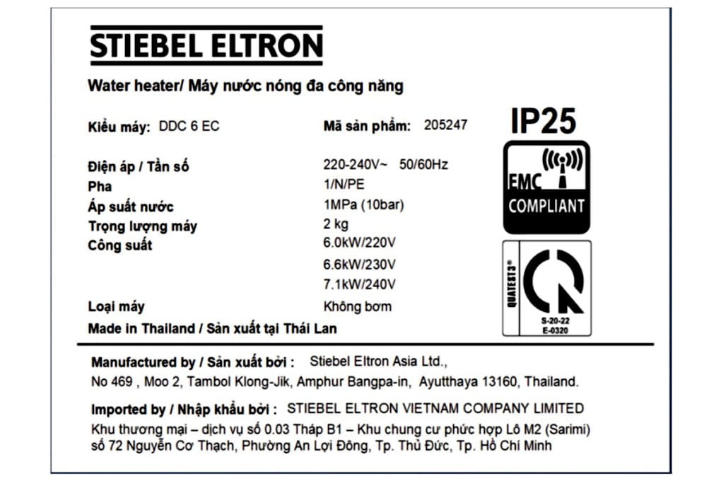 Tem nhãn máy nước nóng Đức Stiebel Eltron DDC 6 EC