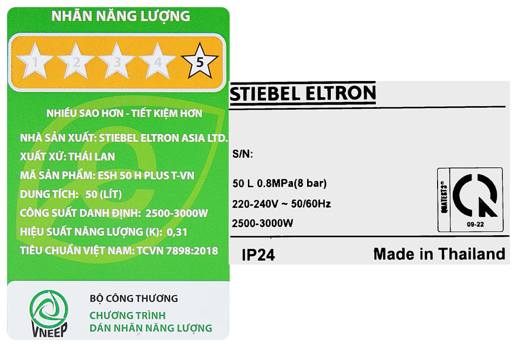 Tem nhãn máy nước nóng Đức Stiebel Eltron ESH 50 H Plus T-VN