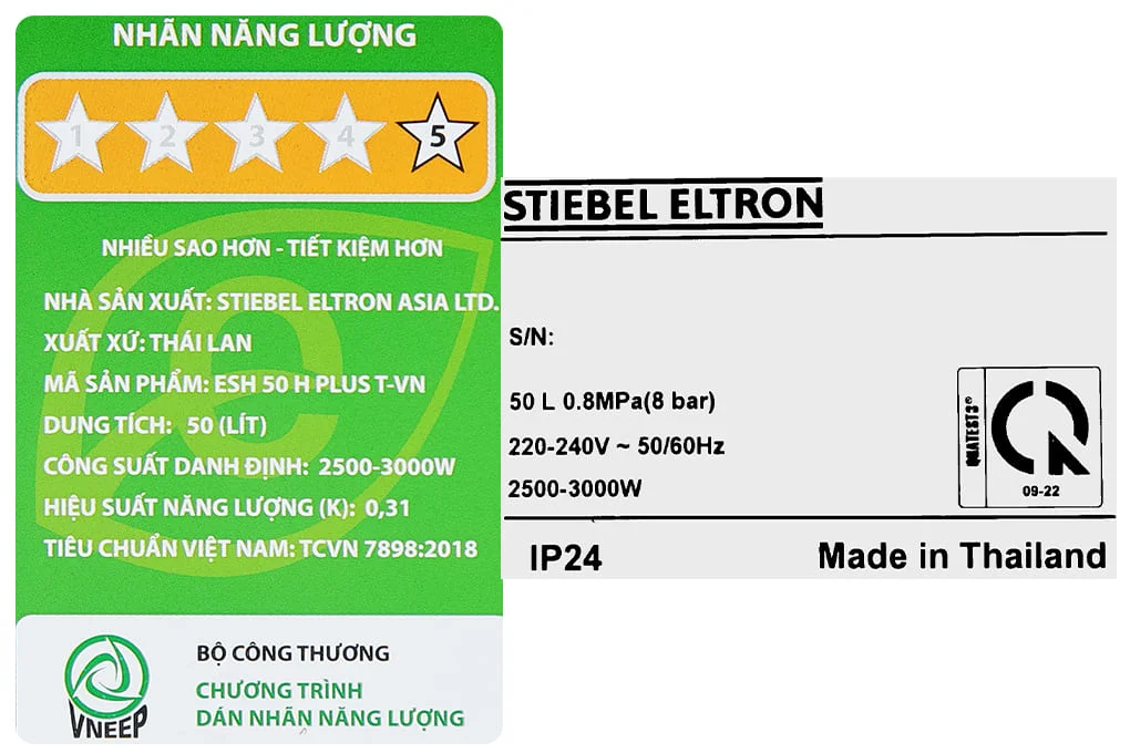 Tem nhãn máy nước nóng Đức Stiebel Eltron ESH 50 H Plus T-VN
