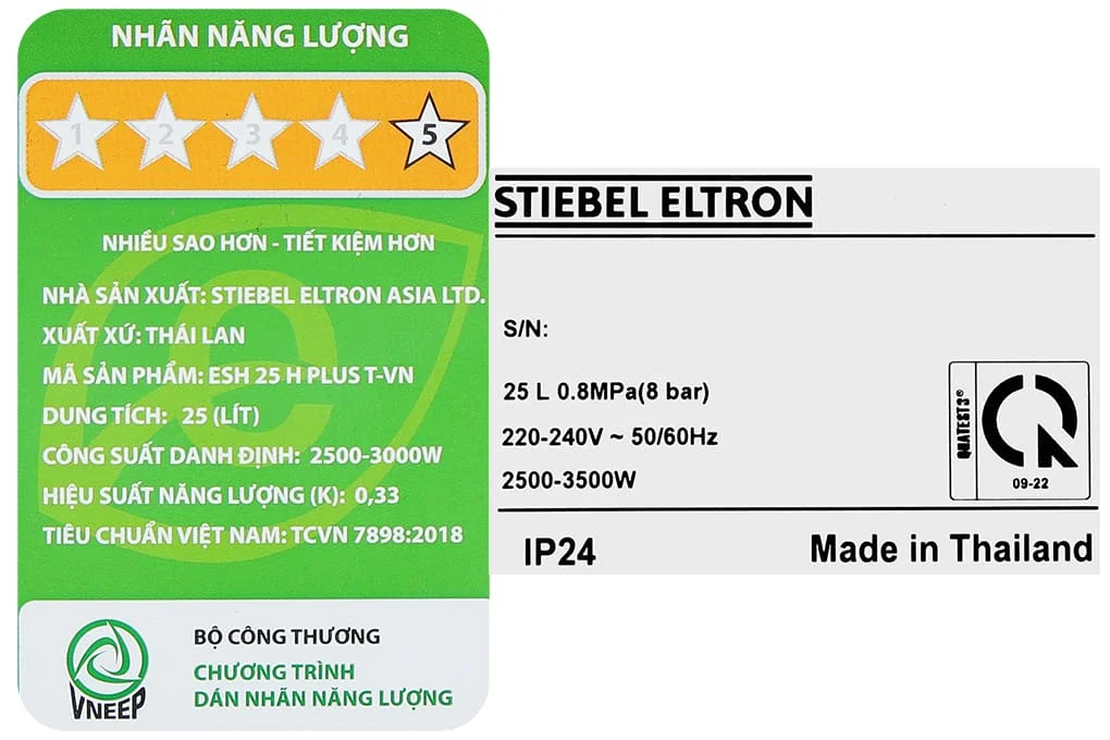 Tem nhãn máy nước nóng Đức Stiebel Eltron ESH 25 H Plus T-VN