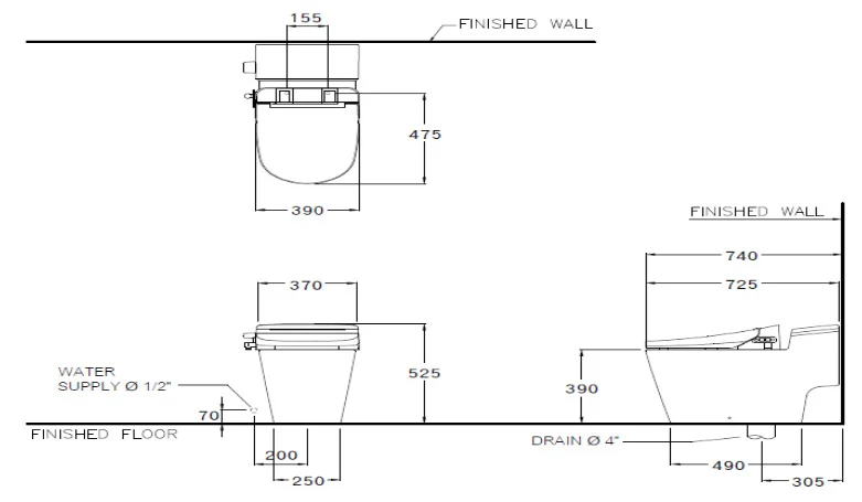 Bản vẽ Bàn Cầu 1 Khối Nắp Điện Tử COTTO C103347(CV4