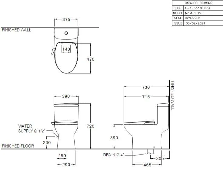 Bản vẽ Bàn Cầu 1 Khối Nắp Rửa Cơ COTTO C105337(CN5
