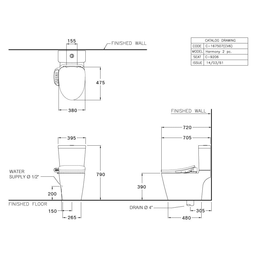 Bản vẽ Bàn Cầu 1 Khối Nắp Điện Tử COTTO C110507(CV6)