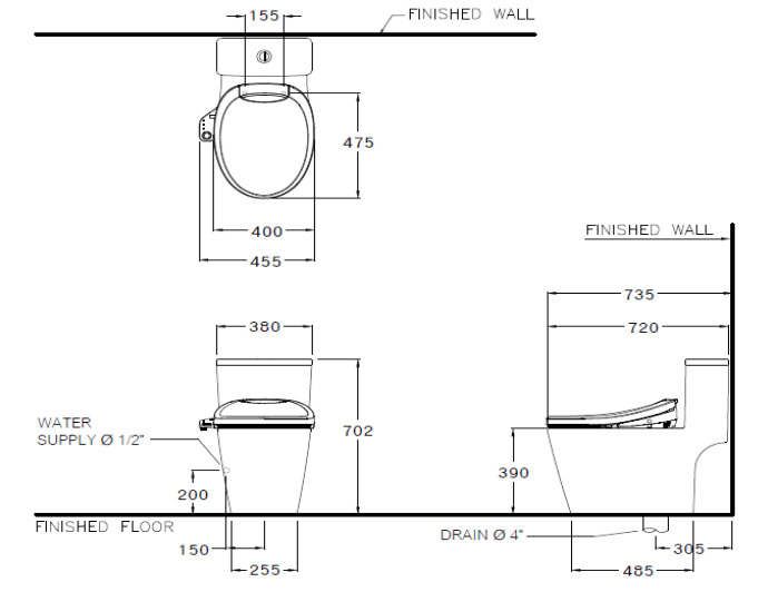 Bản vẽ Bàn Cầu 1 Khối Nắp Điện Tử COTTO C110507(CV7