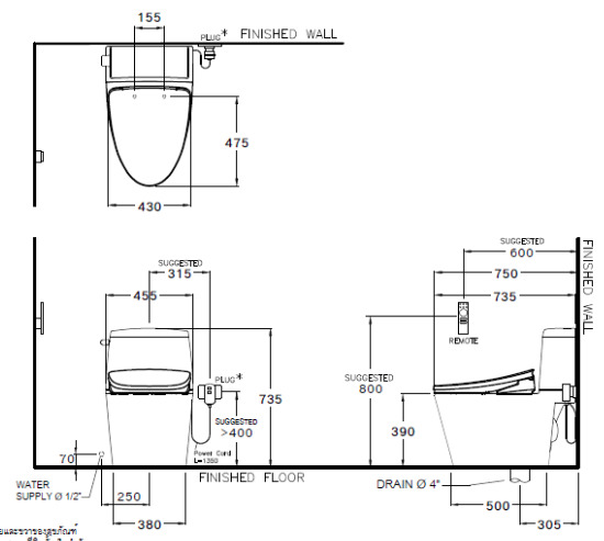 Bản vẽ Bàn Cầu 2 Khối Nắp Điện Tử COTTO C13547(CV10)