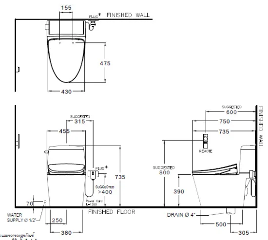 Bản vẽ Bàn Cầu 2 Khối Nắp Điện Tử COTTO C13547(CV10)