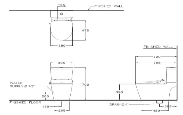 Bản Vẽ Bàn Cầu 2 Khối Nắp Điện Tử COTTO C167507(CV5)