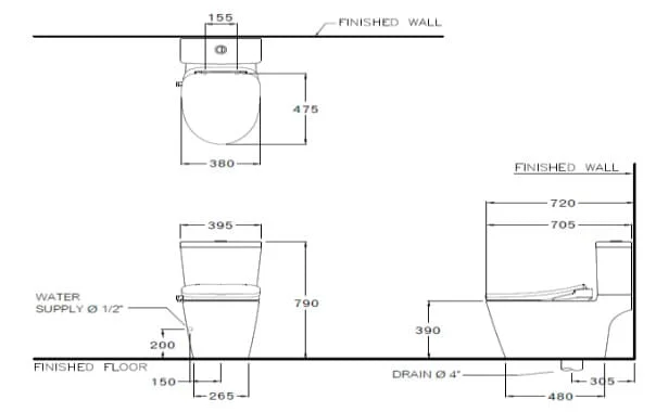 Bản Vẽ Bàn Cầu 2 Khối Nắp Điện Tử COTTO C167507(CV5)