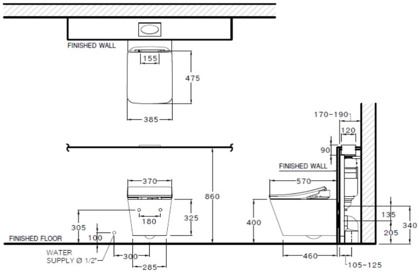 Bản Vẽ Bàn cầu treo tường nắp điện tử COTTO C197627(CV8)