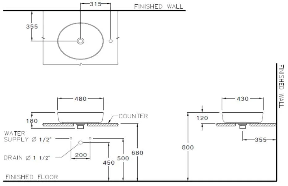 Bản vẽ Chậu rửa mặt đặt bàn COTTO C00080