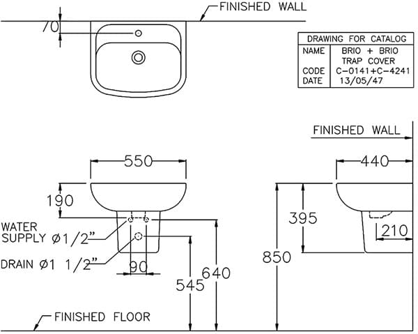 Bản vẽ Chậu Rửa Lavabo Treo Tường COTTO C0141