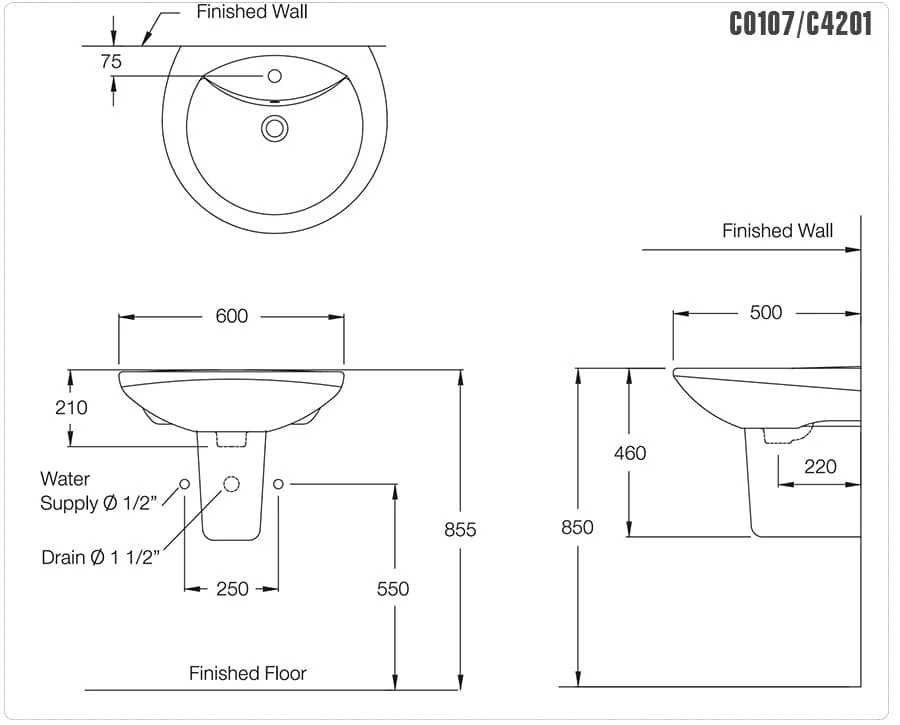 Bản vẽ Chậu Rửa Lavabo Treo Tường COTTO C0107