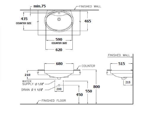 Bản vẽ Chậu rửa mặt âm bàn COTTO C016