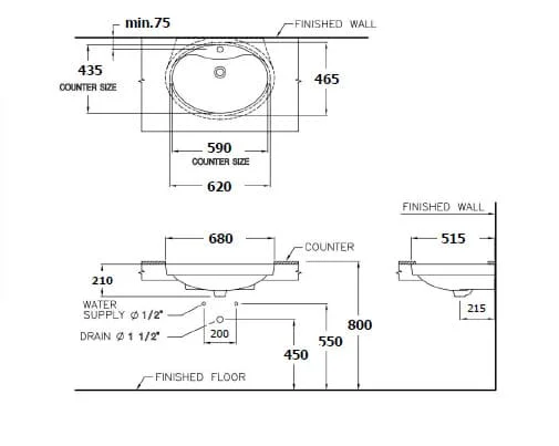 Bản vẽ Chậu rửa mặt âm bàn COTTO C016