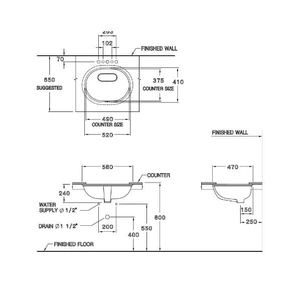 Bản vẽ Chậu rửa mặt âm bàn COTTO C01617