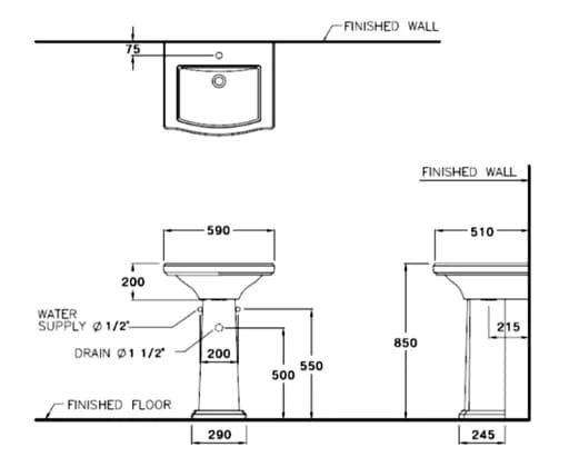 Bản vẽ Chậu Rửa Lavabo Treo Tường COTTO C02957