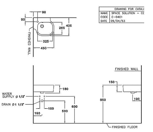 Bản vẽ kỹ thuật Chậu Rửa Lavabo Treo Tường COTTO C04017