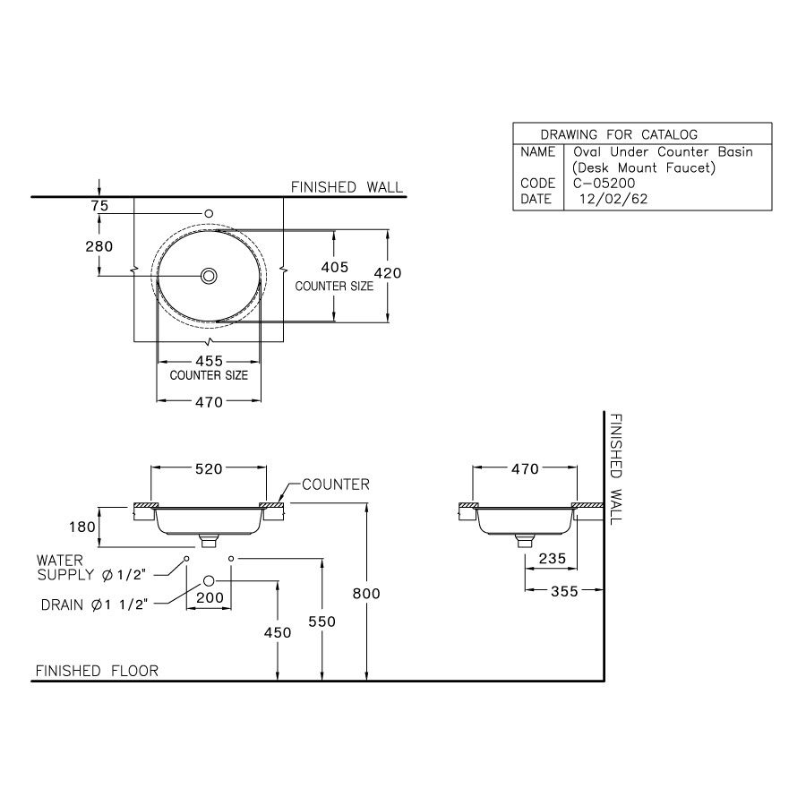 Bản vẽ Chậu rửa mặt âm bàn COTTO C05200