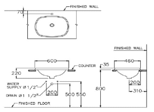 Bản Vẽ Chậu rửa mặt dương vành COTTO C05867 