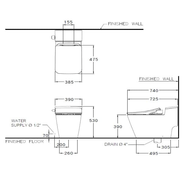 Bản vẽ Bàn Cầu 1 Khối Nắp Điện Tử COTTO C103247(CV8)