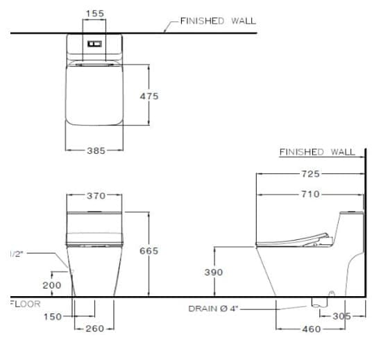 Bản vẽ Bàn Cầu 1 Khối Nắp Điện Tử COTTO C10327(CV8)