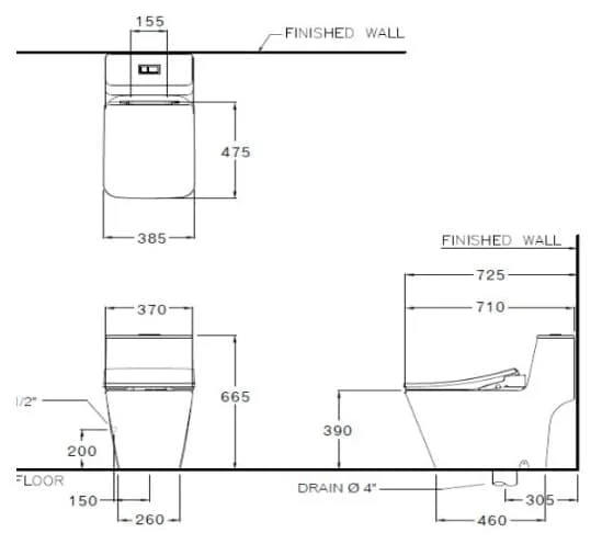 Bản vẽ Bàn Cầu 1 Khối Nắp Điện Tử COTTO C10327(CV8)