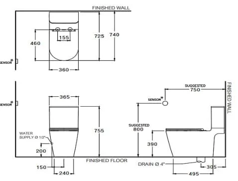 Bản vẽ Bàn Cầu 2 Khối Cảm Ứng Chạm COTTO C125337