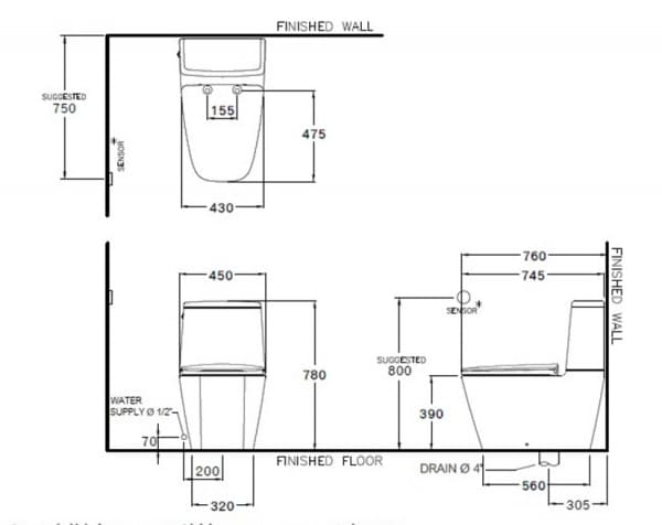 Bản vẽ Bàn Cầu 2 Khối Cảm Ứng Chạm COTTO C135137
