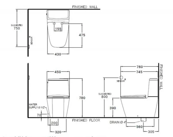 Bản vẽ Bàn Cầu 2 Khối Cảm Ứng Chạm COTTO C135137