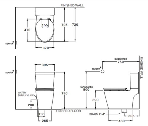 Bản vẽ Bàn Cầu 2 Khối Cảm Ứng Chạm COTTO C167517