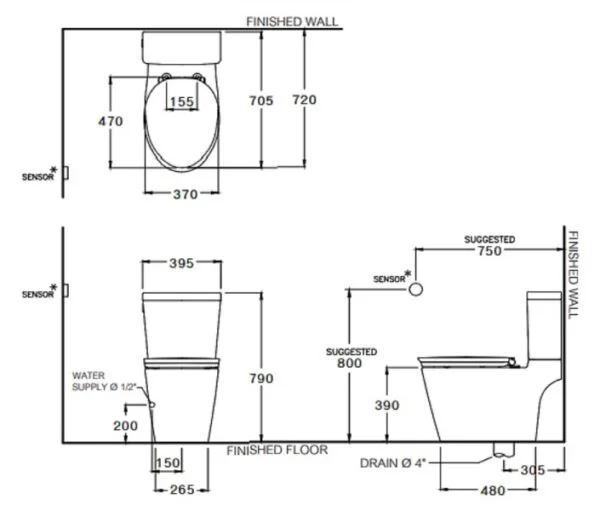 Bản vẽ Bàn Cầu 2 Khối Cảm Ứng Chạm COTTO C167517