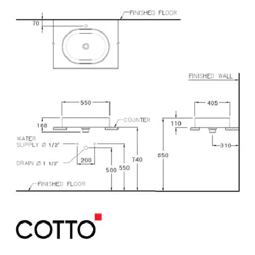 Bản vẽ Chậu rửa mặt đặt bàn màu be mờ COTTO C00343 MIR