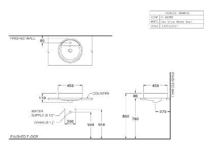 Bản vẽ Chậu rửa mặt đặt bàn màu xám mờ COTTO C00380 MBK