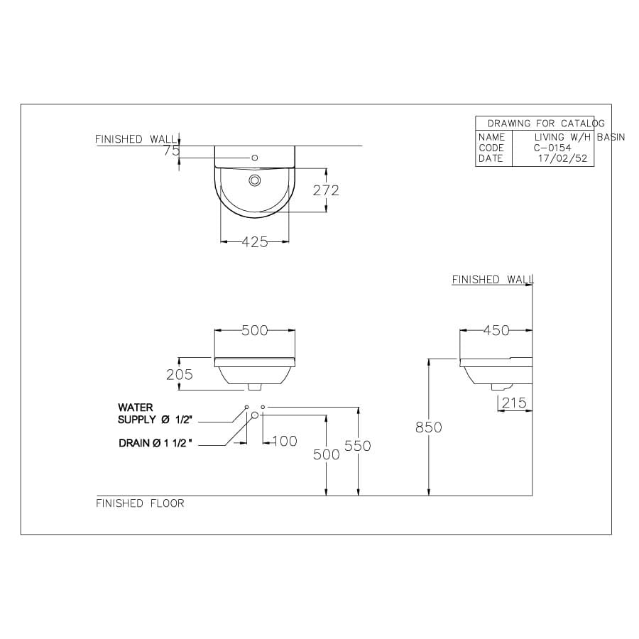 Bản vẽ Chậu Rửa Lavabo Treo Tường COTTO C01547