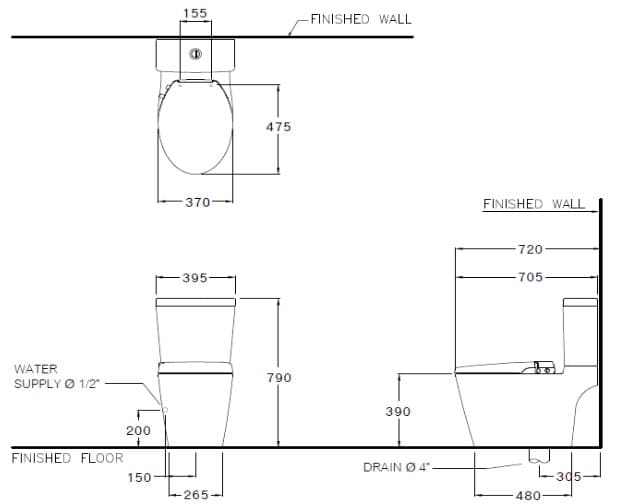 Bản vẽ Bàn Cầu 2 Khối Nắp Rửa Cơ COTTO C167507(CN1)