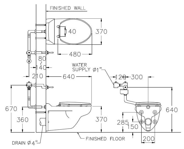 Bản vẽ Bàn cầu treo tường thoát ngang COTTO C45017