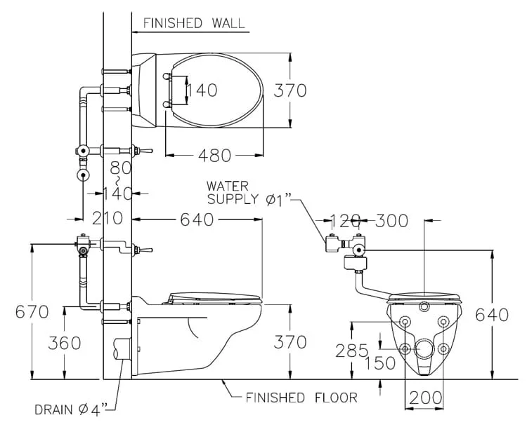Bản vẽ Bàn cầu treo tường thoát ngang COTTO C45017