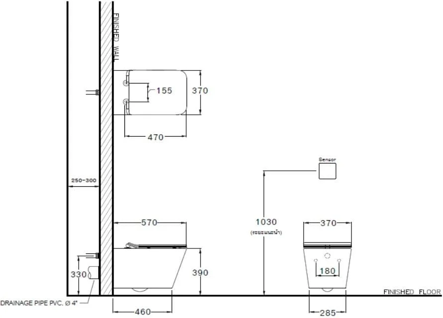Bản vẽ Bàn cầu treo tường thoát ngang COTTO SC197627(T)
