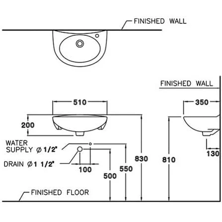 Bản vẽ Chậu Rửa Lavabo Treo Tường COTTO C005