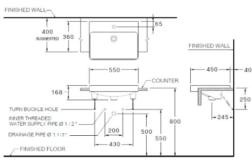 Bản vẽ Chậu rửa mặt bán âm bàn COTTO C022607