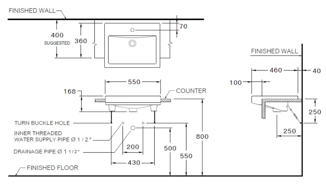 Bản vẽ Chậu rửa mặt dương vành COTTO C02460