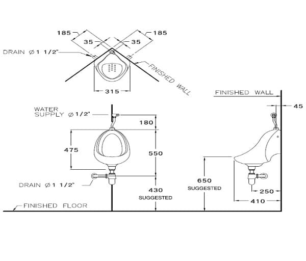 Bản vẽ Bồn Tiểu Nam Treo Tường COTTO C305