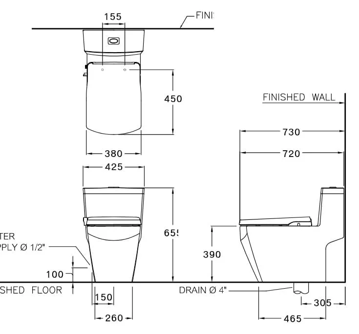 Bản vẽ Bàn Cầu 1 Khối Nắp Rửa Cơ COTTO C107127(CN)
