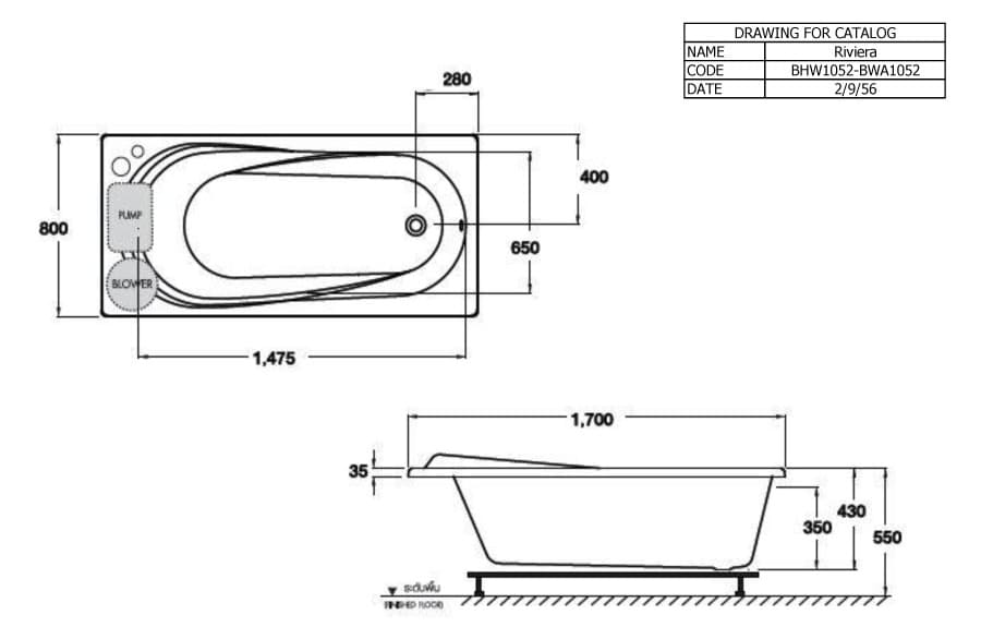 Bản vẽ Bồn tắm xây massage 1.8m COTTO BWA1052PP