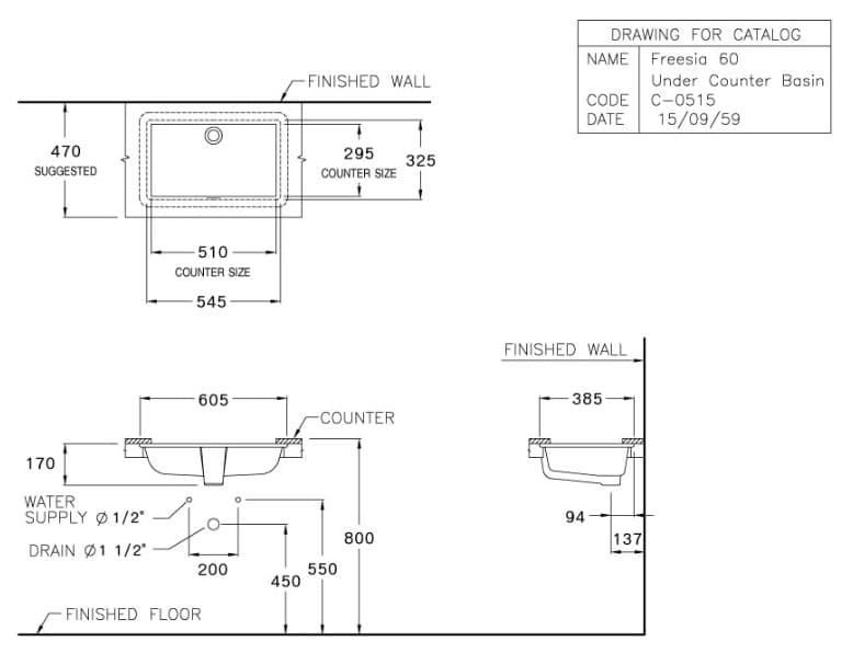 Bản vẽ Chậu rửa mặt âm bàn COTTO C05157