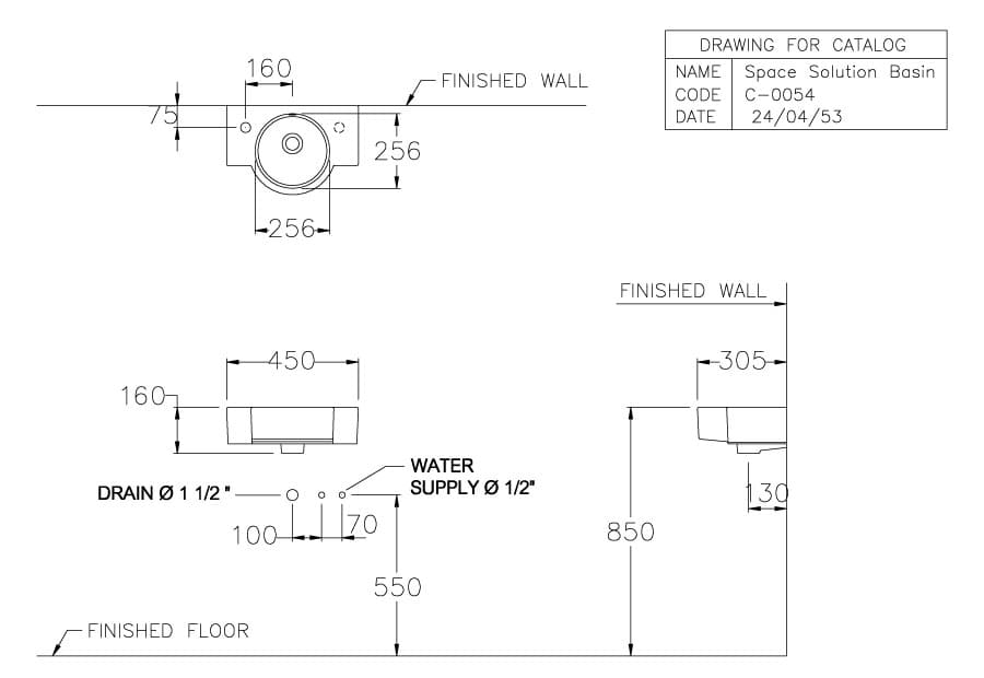 Bản vẽ Chậu Rửa Lavabo Treo Tường COTTO C00547